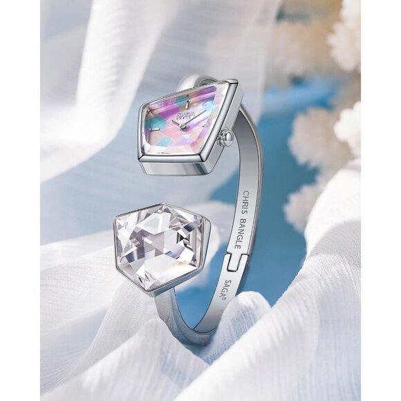 Women\'s Silver Cuff Bangle Quartz Watch Shaped Mineral Case Stainless Steel